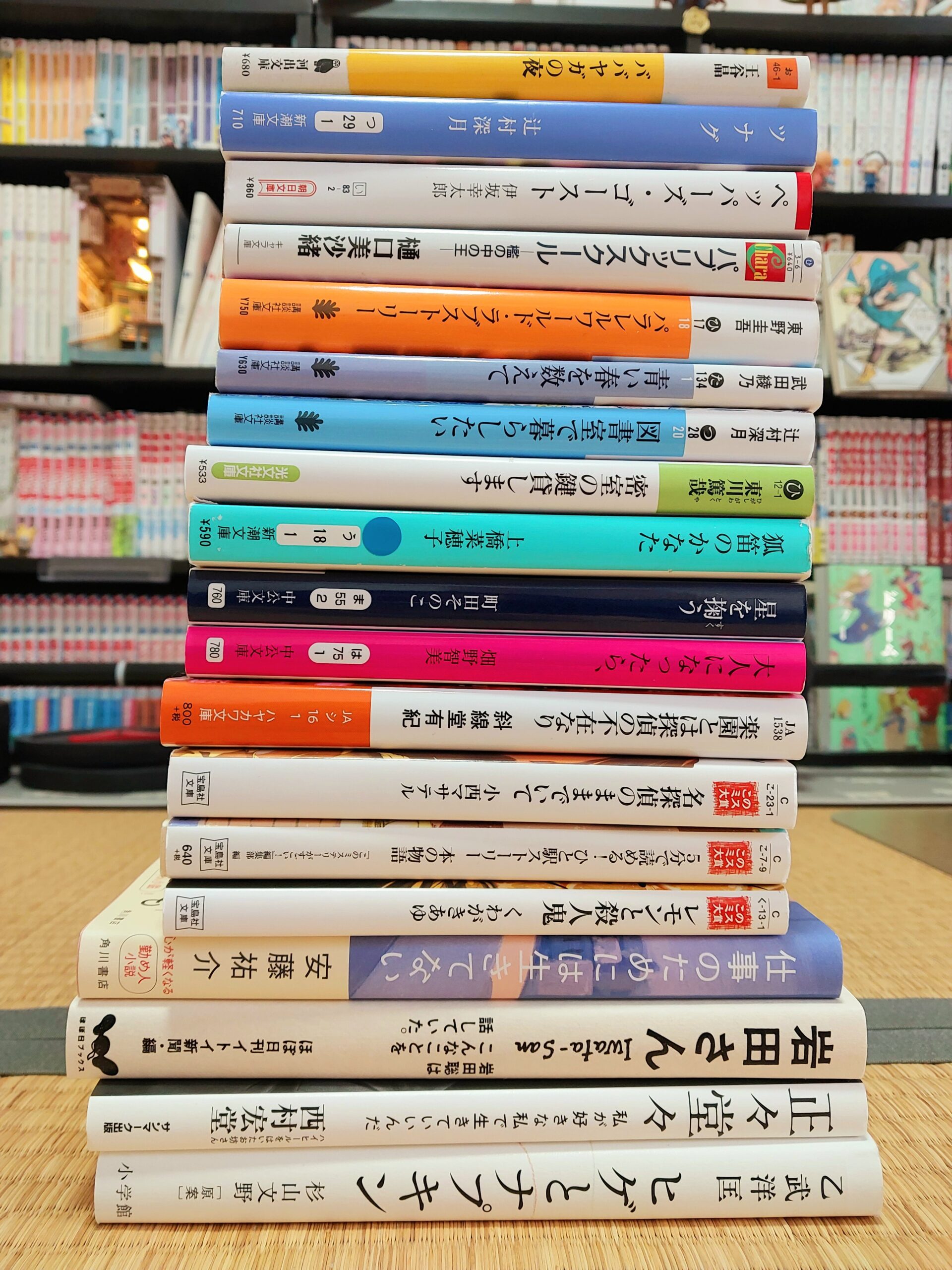 Pile of Japanese books with bookshelves of manga in the background.