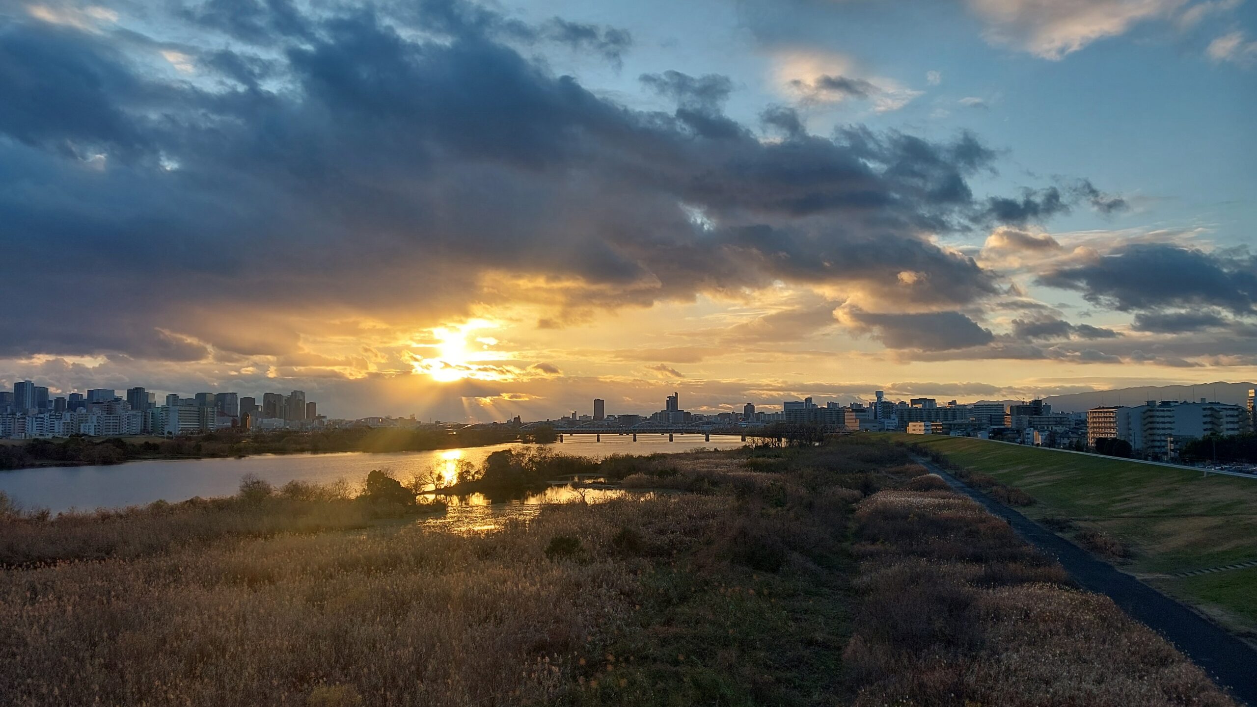 Sunset over a river in Osaka, Japan